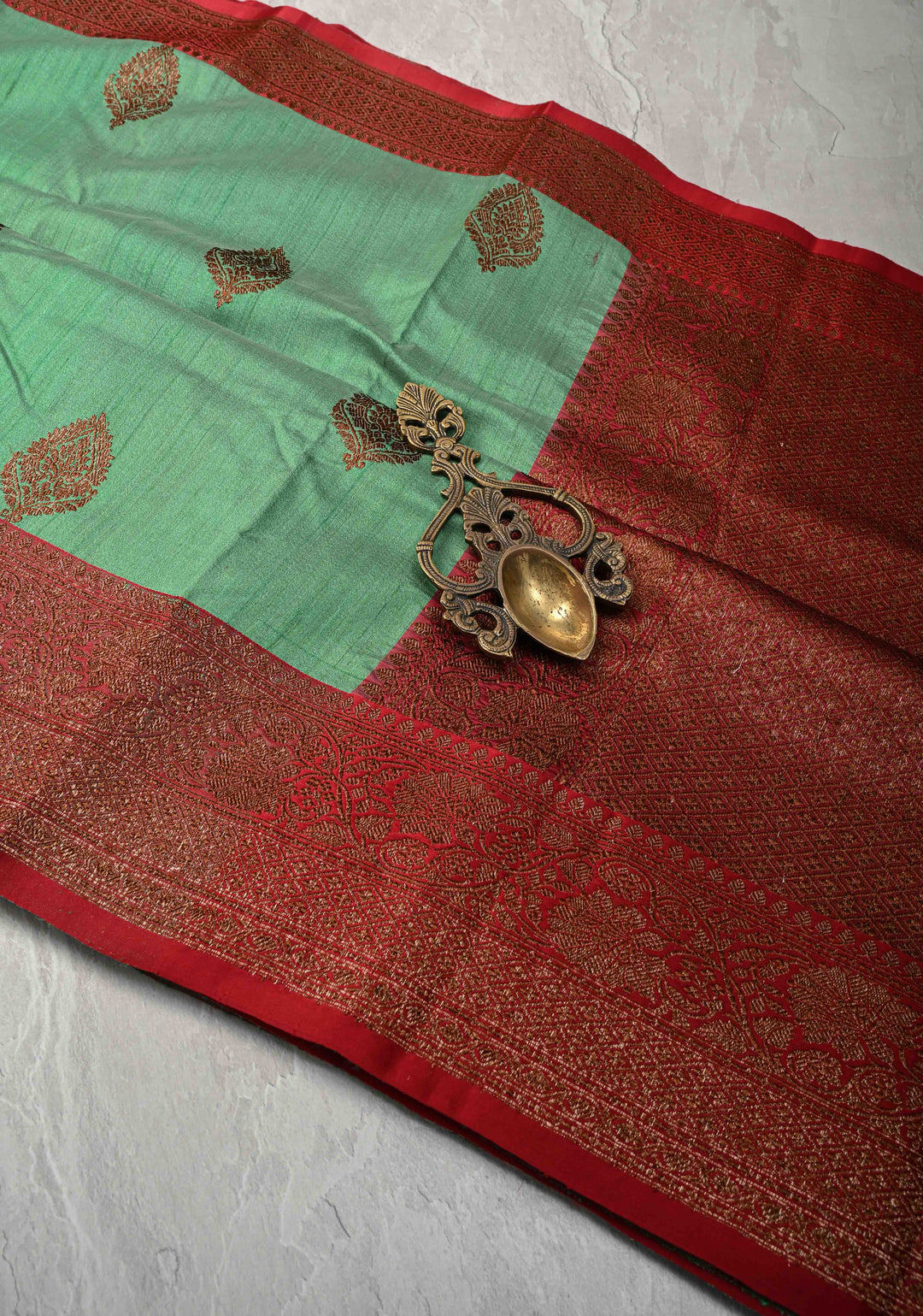 Sea Green Banarasi Tussar Silk Saree with Antique Zari Buttas and Contrast Zari Border | SILK MARK CERTIFIED