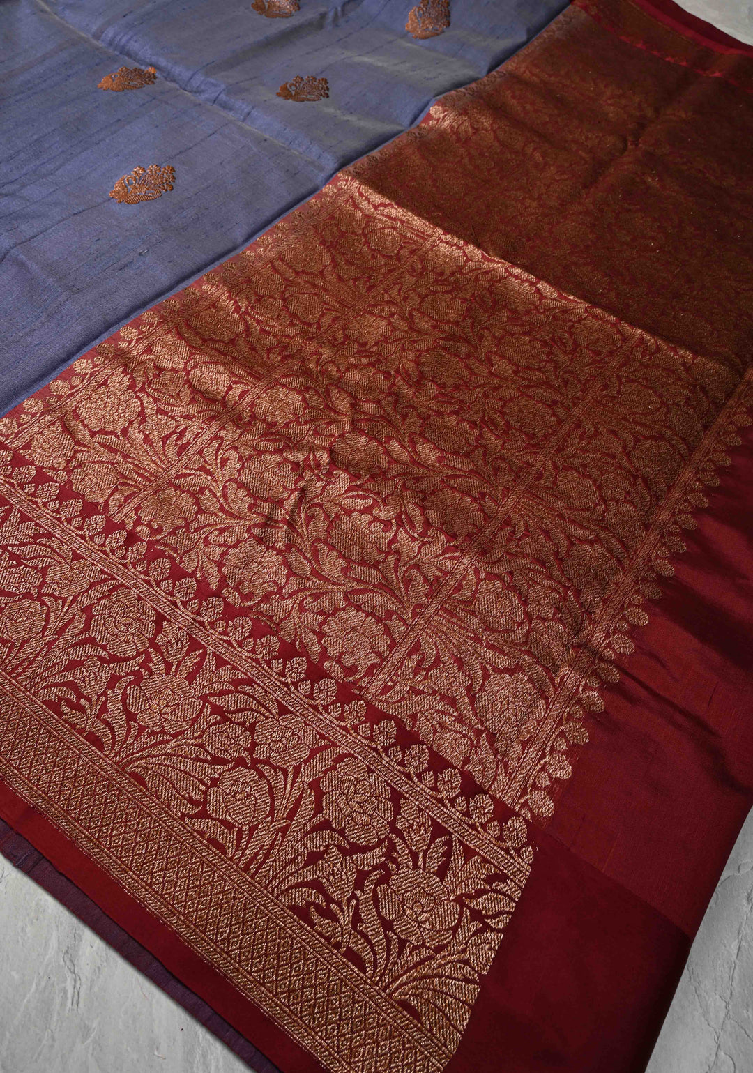 Bluish Gray Banarasi Tussar Silk Saree with Antique Zari Buttas and Contrast Zari Border | SILK MARK CERTIFIED