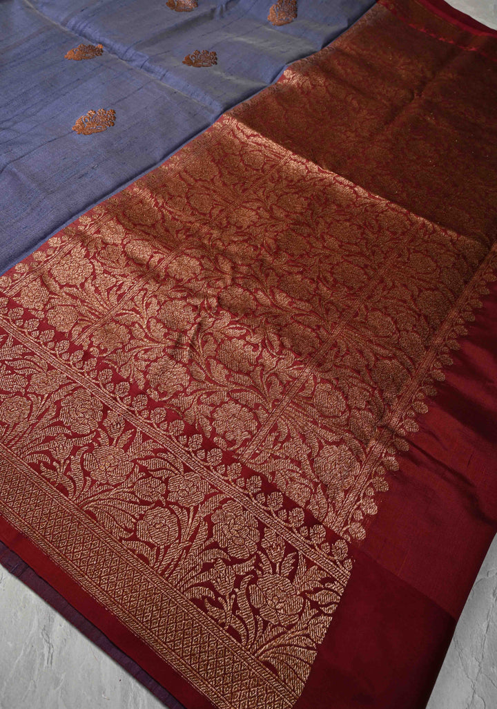 Bluish Gray Banarasi Tussar Silk Saree with Antique Zari Buttas and Contrast Zari Border | SILK MARK CERTIFIED