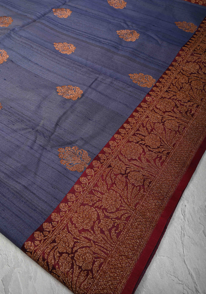 Bluish Gray Banarasi Tussar Silk Saree with Antique Zari Buttas and Contrast Zari Border | SILK MARK CERTIFIED