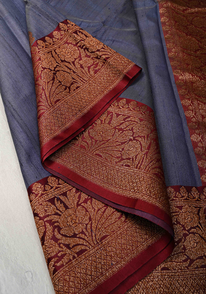 Bluish Gray Banarasi Tussar Silk Saree with Antique Zari Buttas and Contrast Zari Border | SILK MARK CERTIFIED