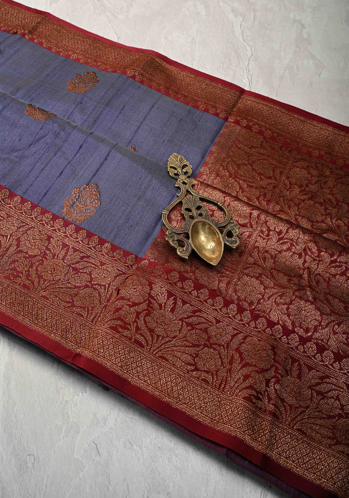 Bluish Gray Banarasi Tussar Silk Saree with Antique Zari Buttas and Contrast Zari Border | SILK MARK CERTIFIED