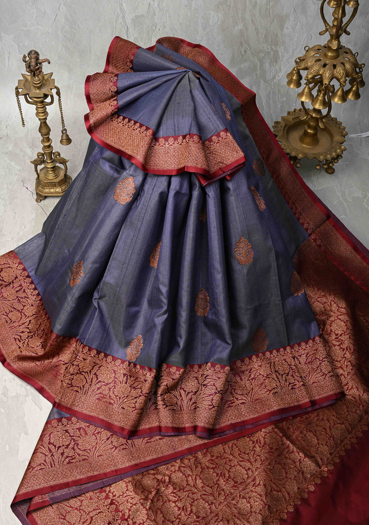 Bluish Gray Banarasi Tussar Silk Saree with Antique Zari Buttas and Contrast Zari Border | SILK MARK CERTIFIED