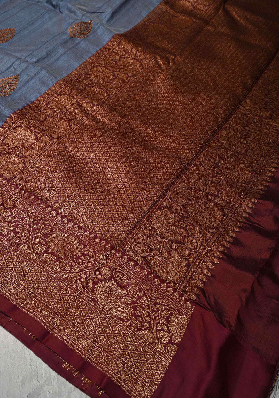 Heather Blue Banarasi Tussar Silk Saree with Antique Zari Butta and Contrast Purple Border | SILK MARK CERTIFIED