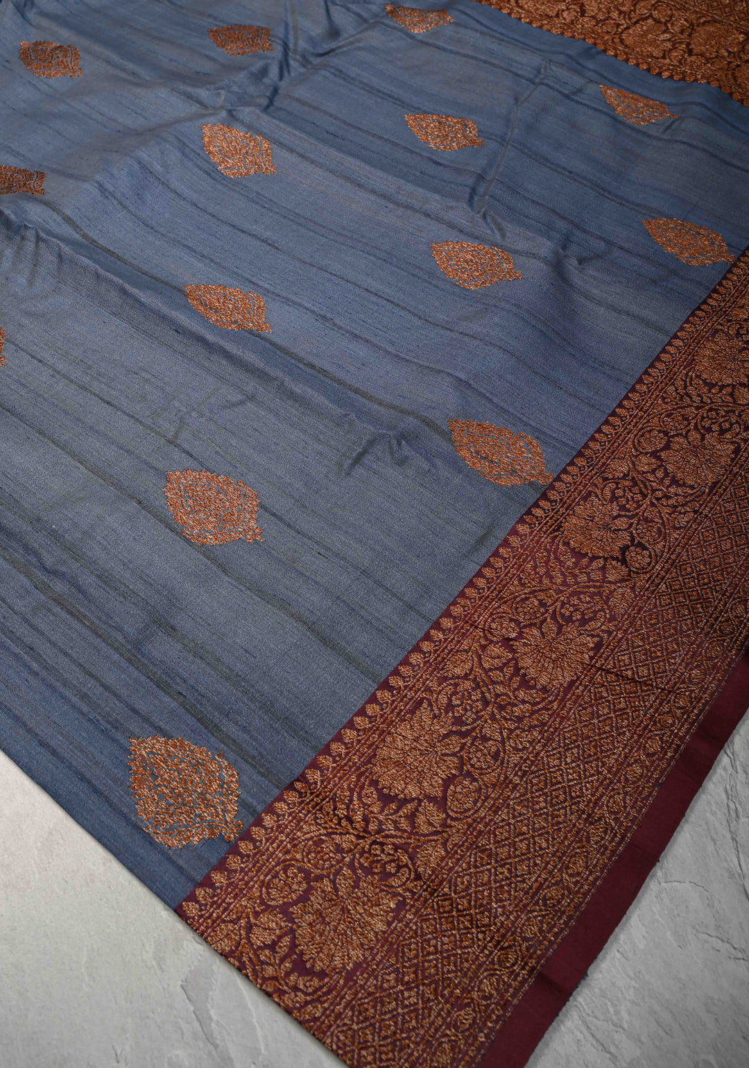 Heather Blue Banarasi Tussar Silk Saree with Antique Zari Butta and Contrast Purple Border | SILK MARK CERTIFIED