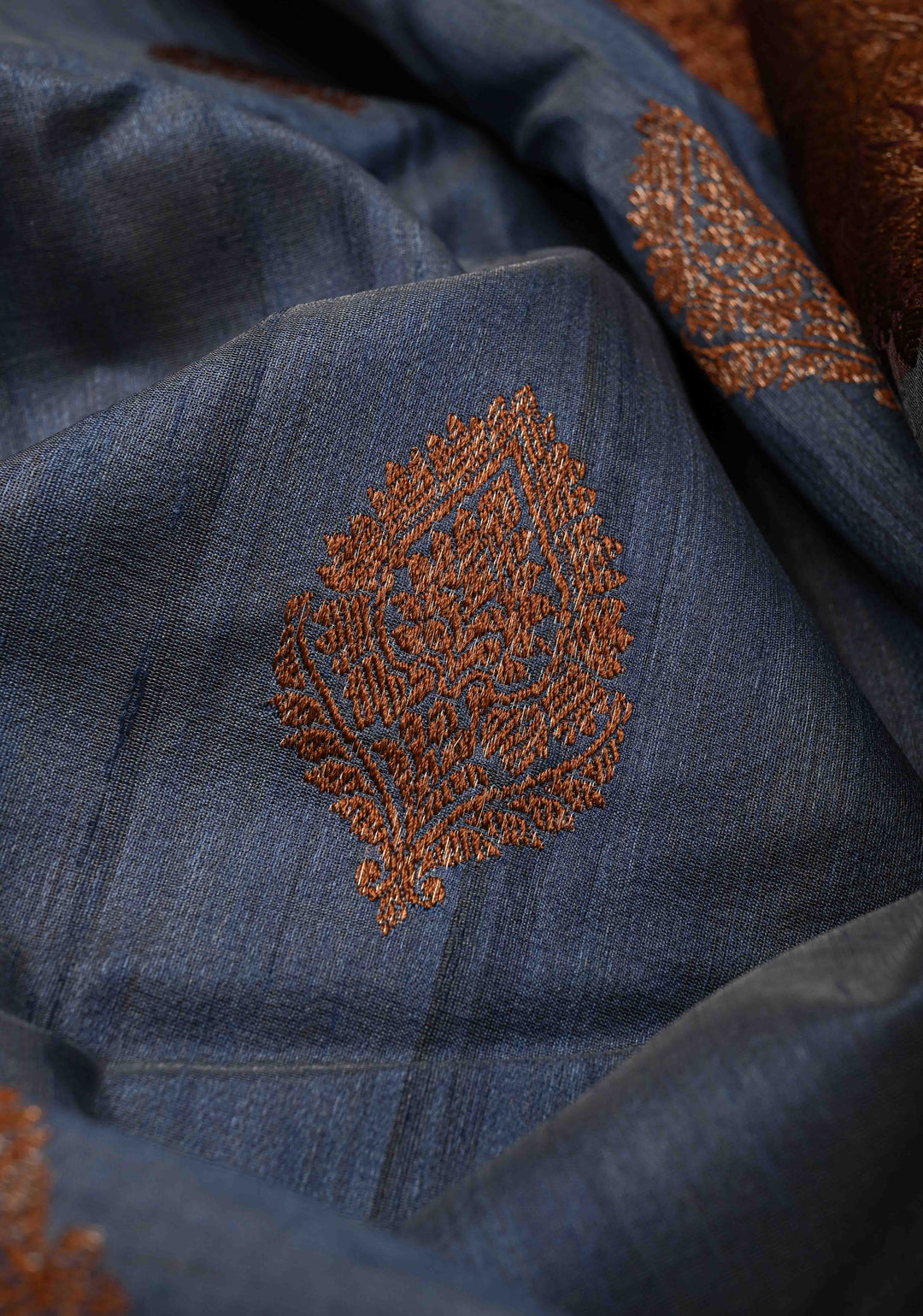 Heather Blue Banarasi Tussar Silk Saree with Antique Zari Butta and Contrast Purple Border | SILK MARK CERTIFIED