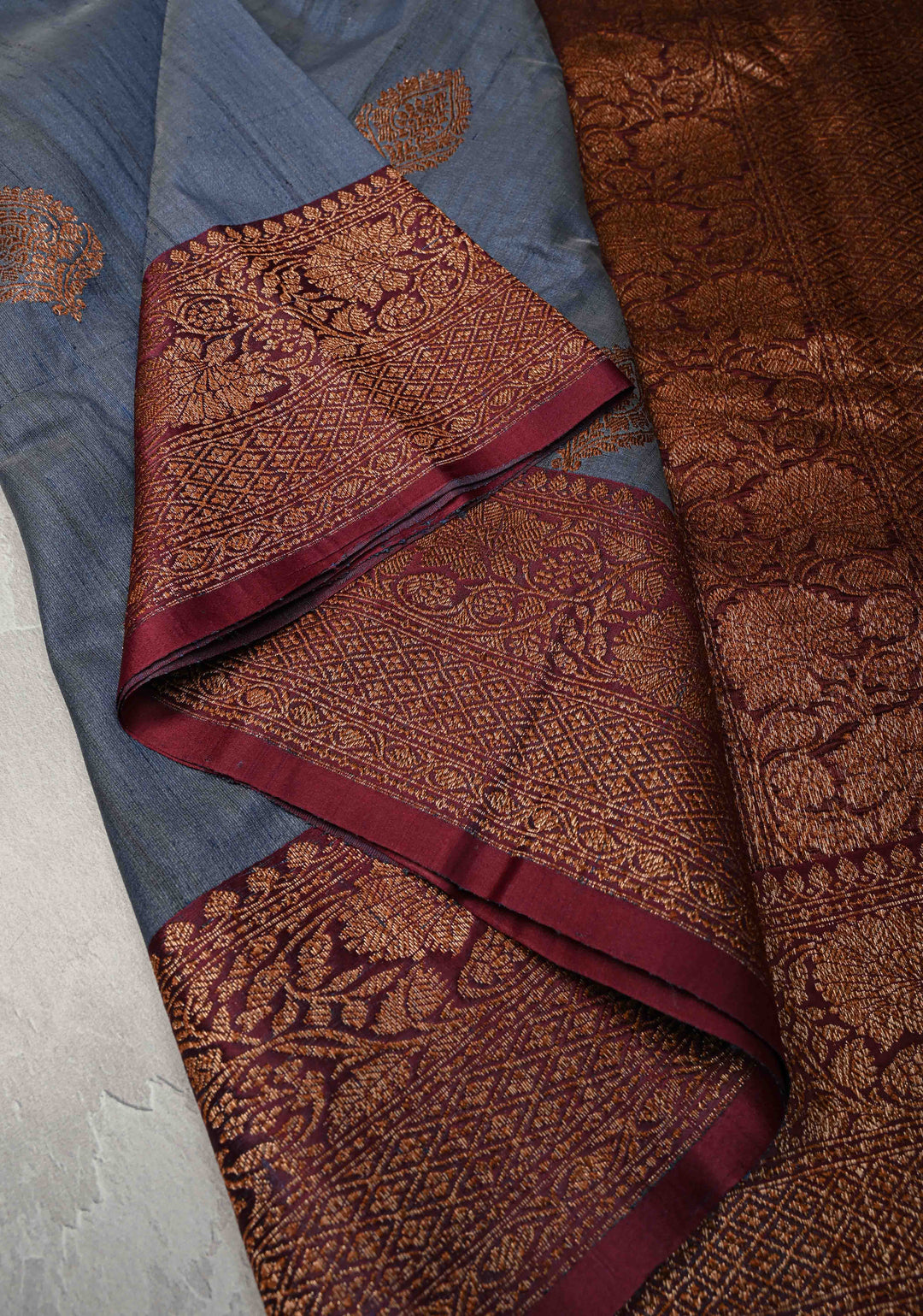 Heather Blue Banarasi Tussar Silk Saree with Antique Zari Butta and Contrast Purple Border | SILK MARK CERTIFIED