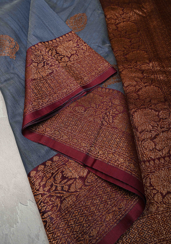 Heather Blue Banarasi Tussar Silk Saree with Antique Zari Butta and Contrast Purple Border | SILK MARK CERTIFIED