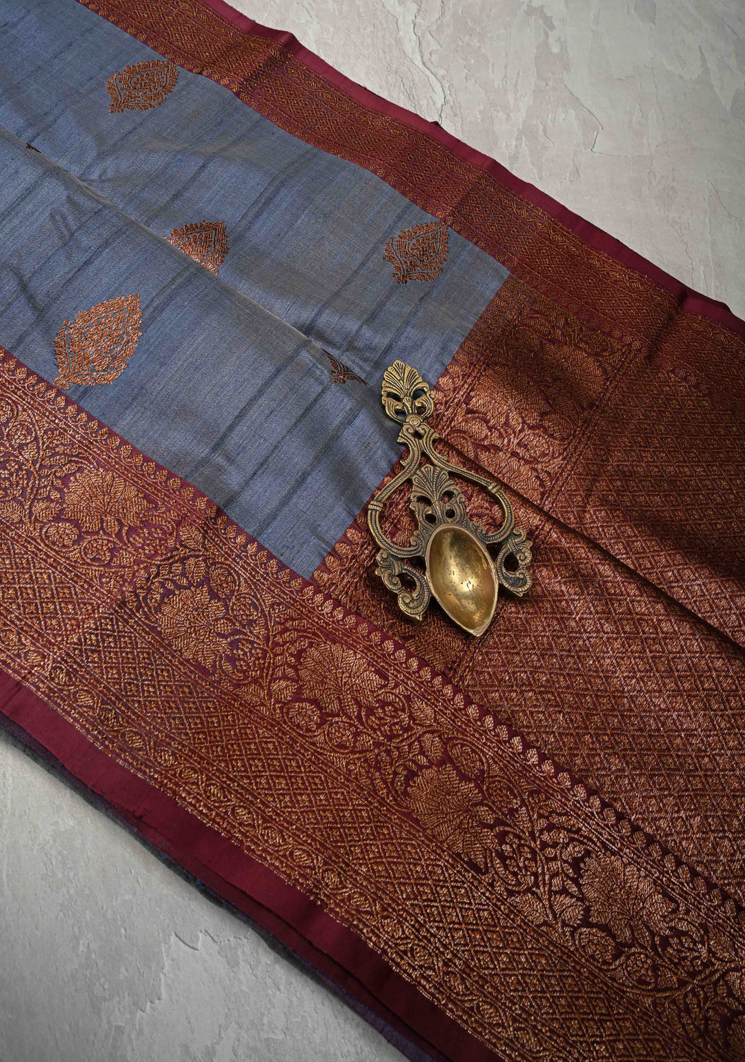 Heather Blue Banarasi Tussar Silk Saree with Antique Zari Butta and Contrast Purple Border | SILK MARK CERTIFIED