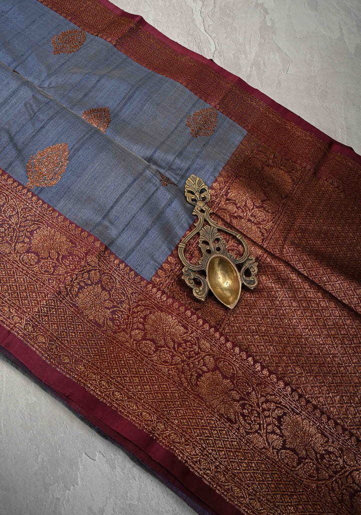 Heather Blue Banarasi Tussar Silk Saree with Antique Zari Butta and Contrast Purple Border | SILK MARK CERTIFIED