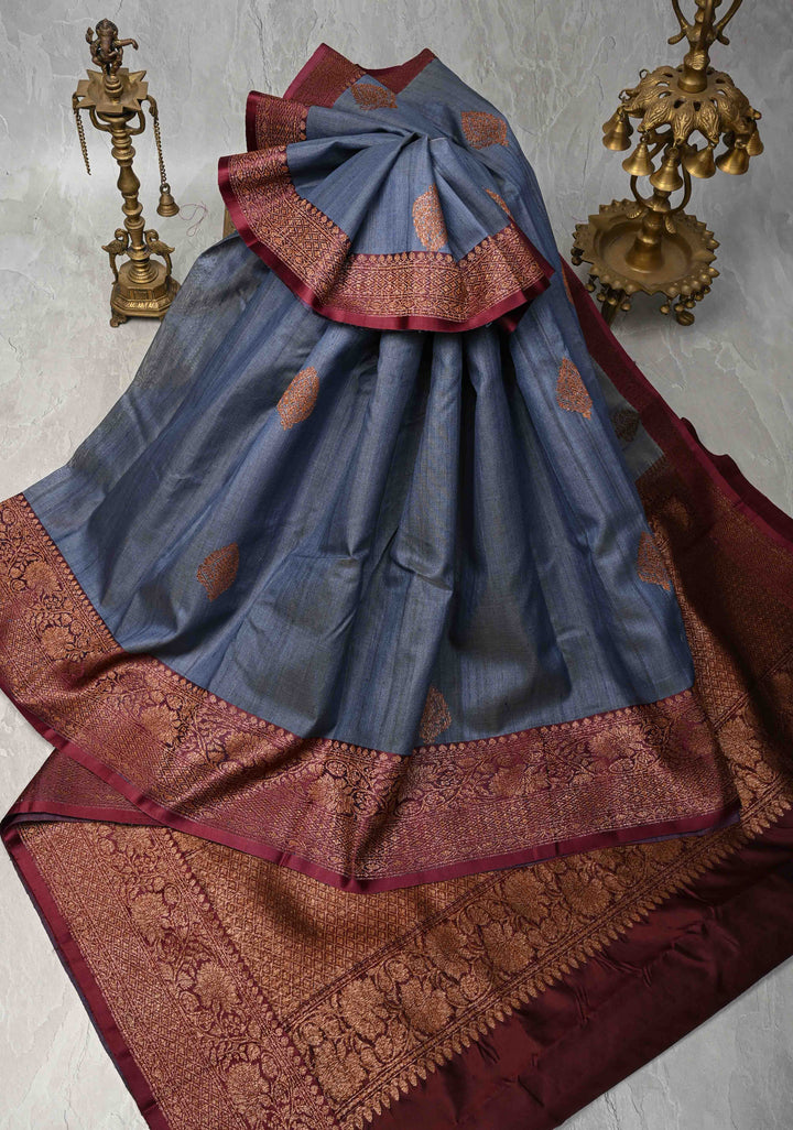Heather Blue Banarasi Tussar Silk Saree with Antique Zari Butta and Contrast Purple Border | SILK MARK CERTIFIED