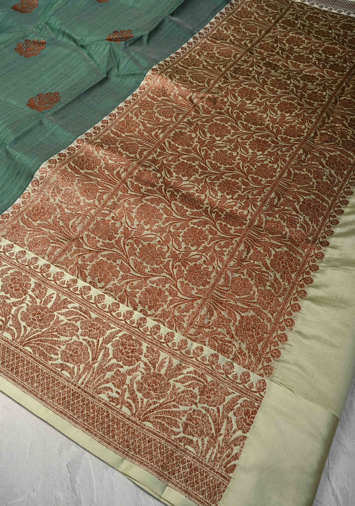 Green Banarasi Tussar Silk Saree with Antique Zari Butta and Border | SILK MARK CERTIFIED