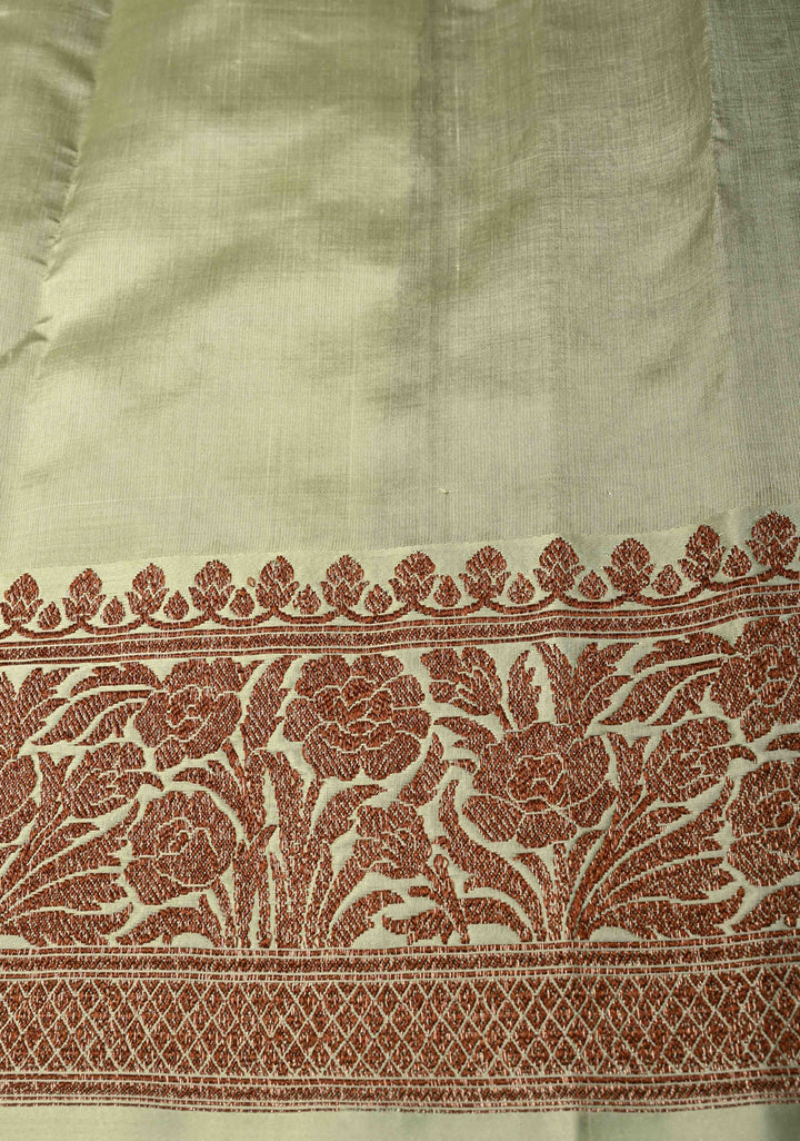 Green Banarasi Tussar Silk Saree with Antique Zari Butta and Border | SILK MARK CERTIFIED