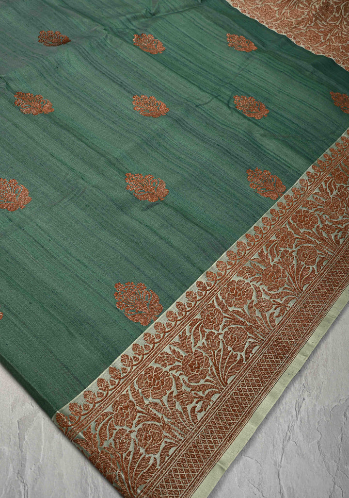 Green Banarasi Tussar Silk Saree with Antique Zari Butta and Border | SILK MARK CERTIFIED
