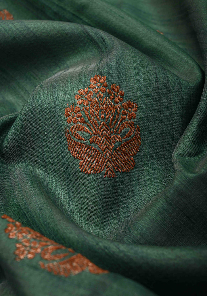 Green Banarasi Tussar Silk Saree with Antique Zari Butta and Border | SILK MARK CERTIFIED