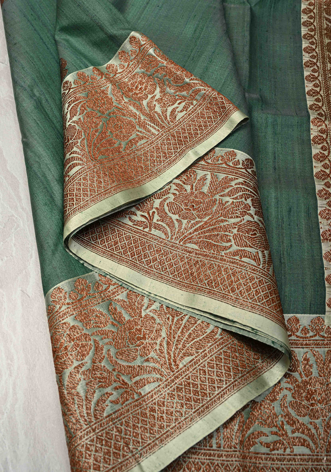 Green Banarasi Tussar Silk Saree with Antique Zari Butta and Border | SILK MARK CERTIFIED