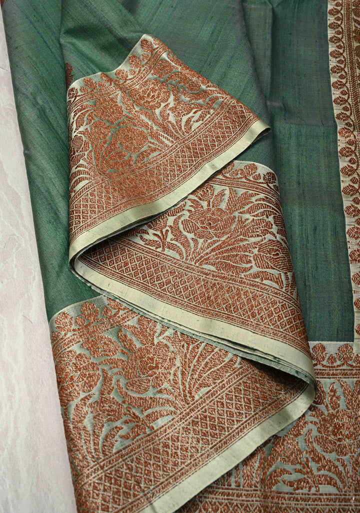 Green Banarasi Tussar Silk Saree with Antique Zari Butta and Border | SILK MARK CERTIFIED