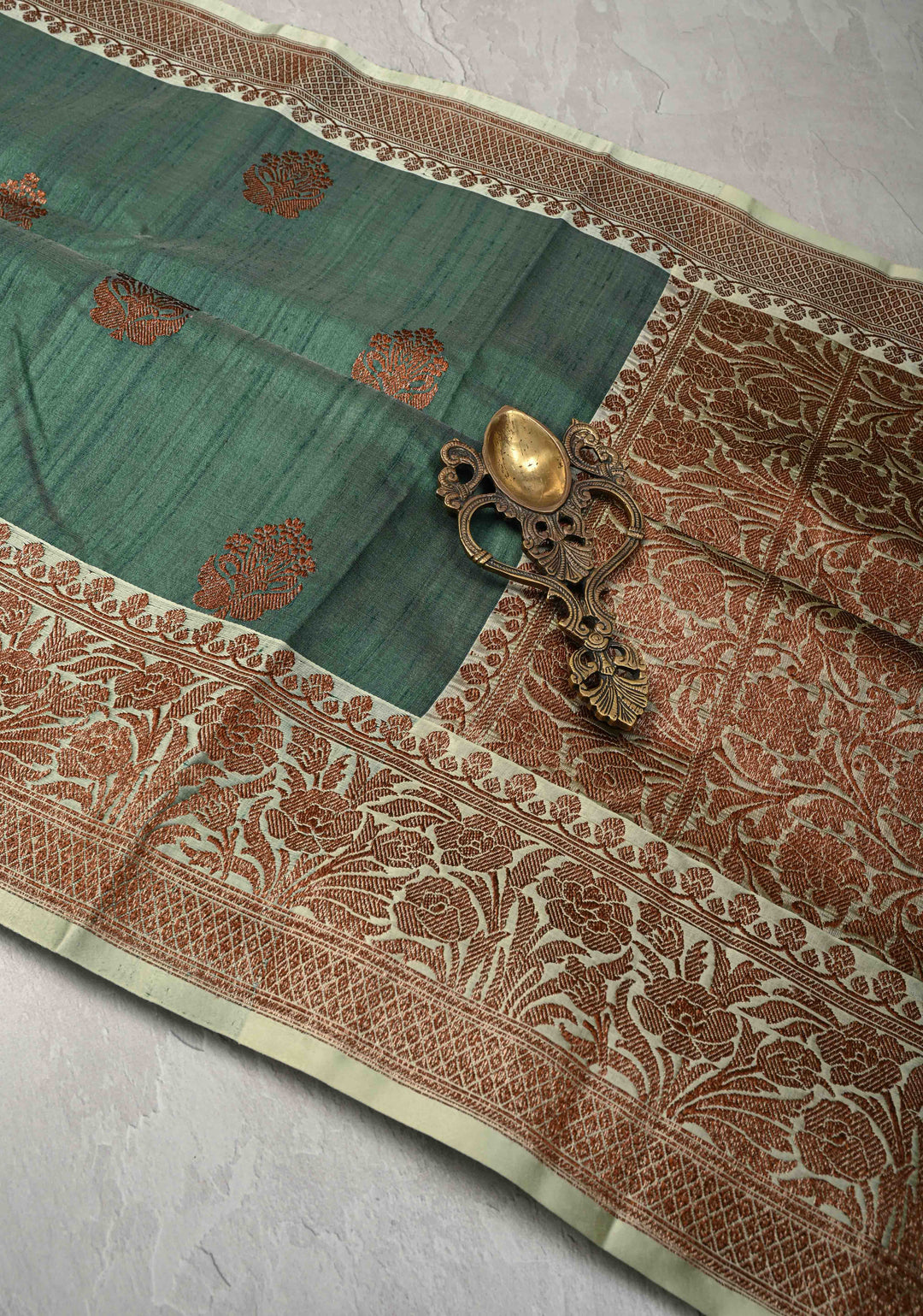 Green Banarasi Tussar Silk Saree with Antique Zari Butta and Border | SILK MARK CERTIFIED