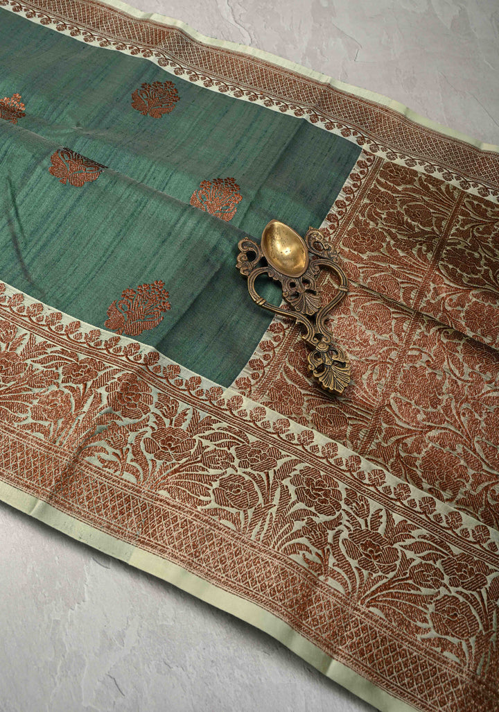 Green Banarasi Tussar Silk Saree with Antique Zari Butta and Border | SILK MARK CERTIFIED