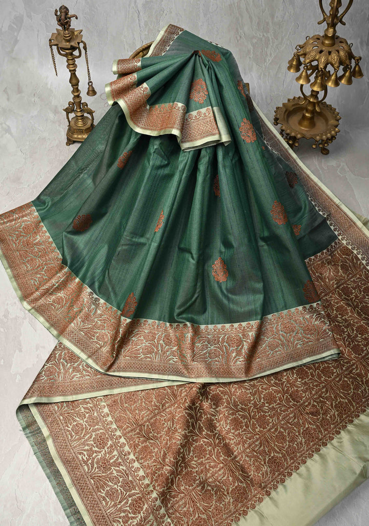 Green Banarasi Tussar Silk Saree with Antique Zari Butta and Border | SILK MARK CERTIFIED