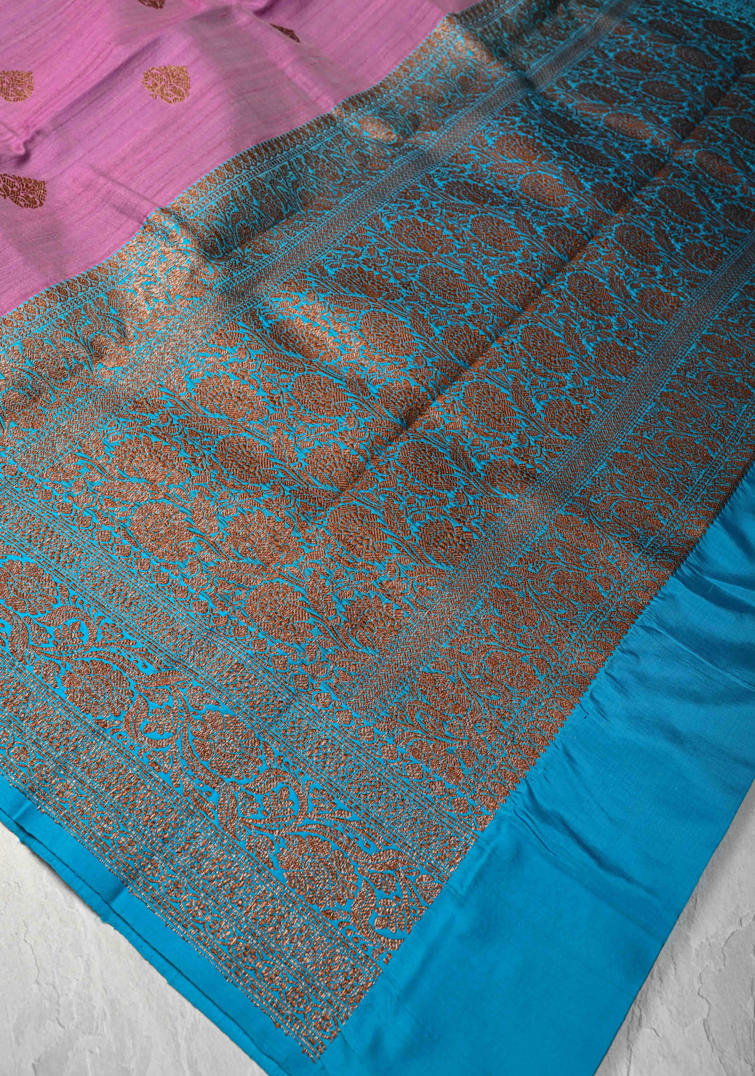 Dusty Rose Pink Banarasi Tussar Silk Saree with Antique Zari Butta and Contrast Border | SILK MARK CERTIFIED