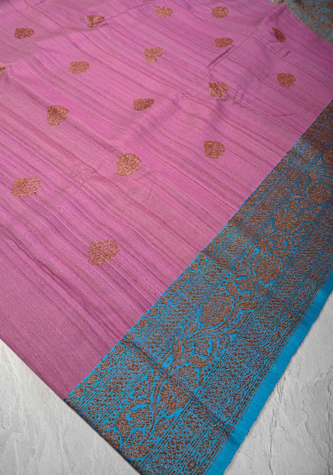 Dusty Rose Pink Banarasi Tussar Silk Saree with Antique Zari Butta and Contrast Border | SILK MARK CERTIFIED