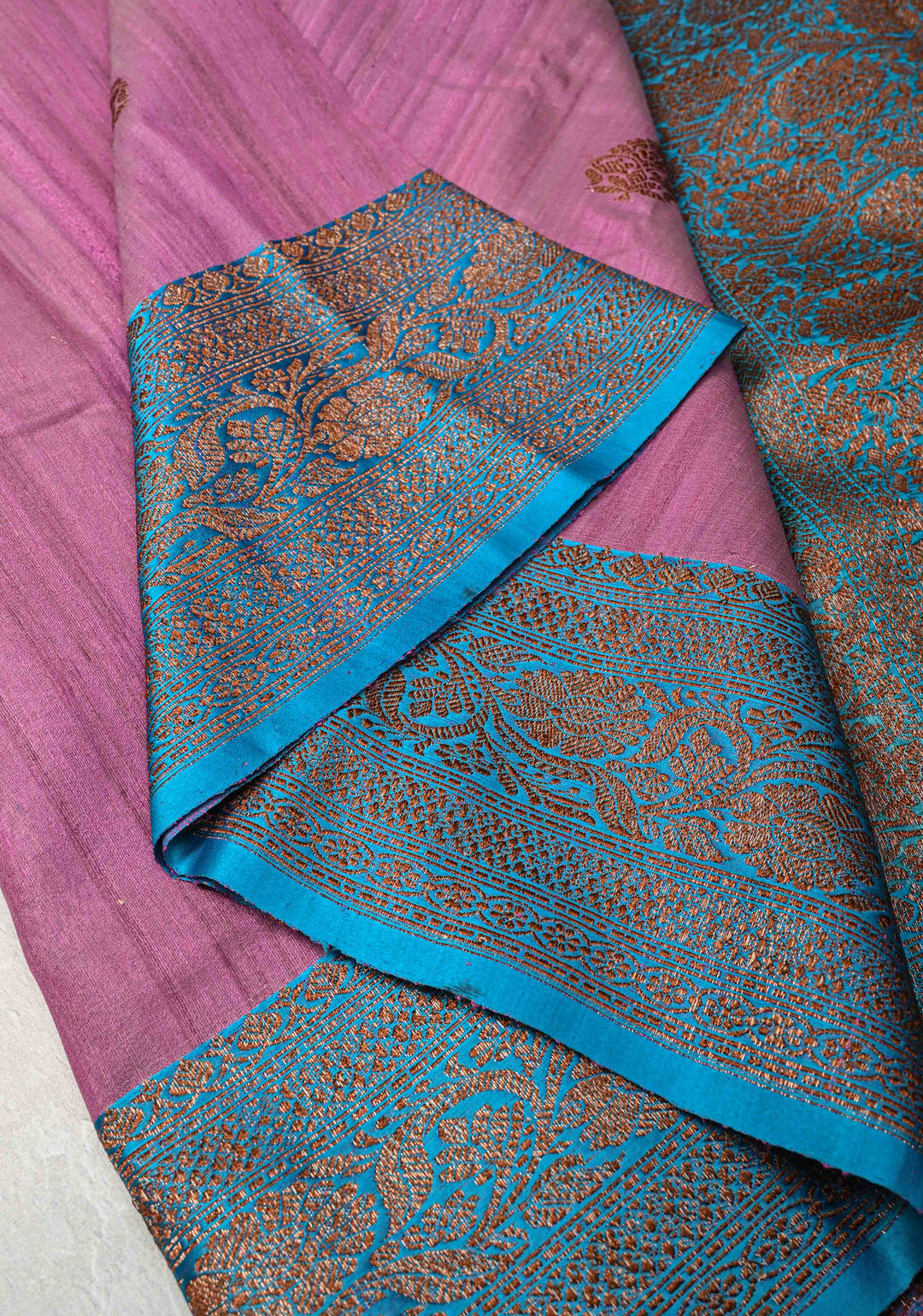 Dusty Rose Pink Banarasi Tussar Silk Saree with Antique Zari Butta and Contrast Border | SILK MARK CERTIFIED