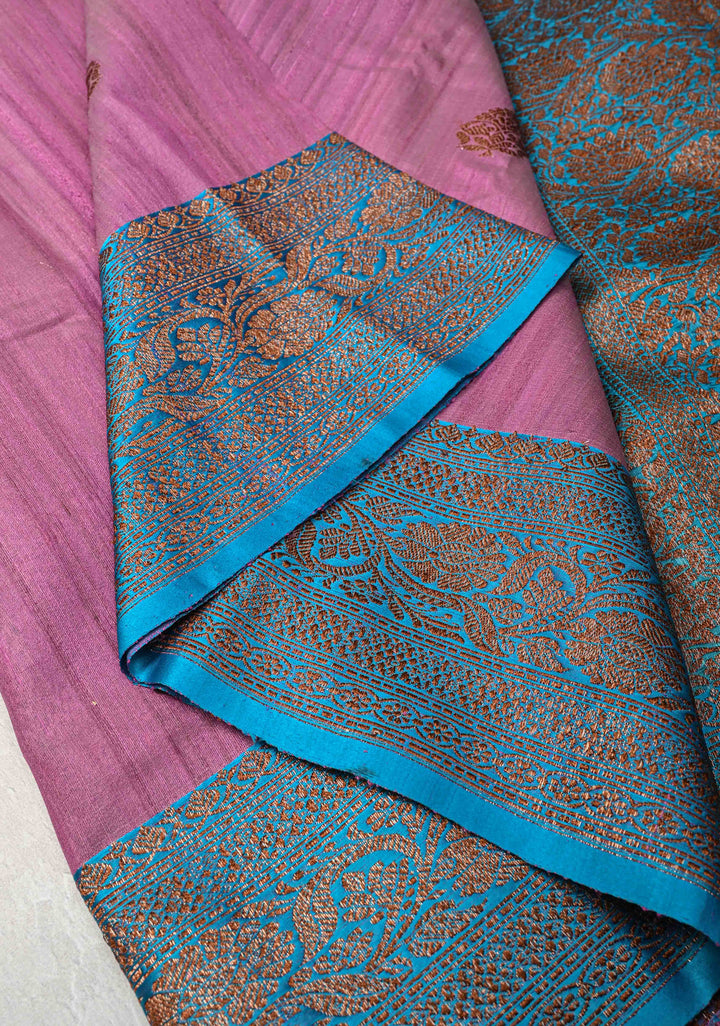Dusty Rose Pink Banarasi Tussar Silk Saree with Antique Zari Butta and Contrast Border | SILK MARK CERTIFIED