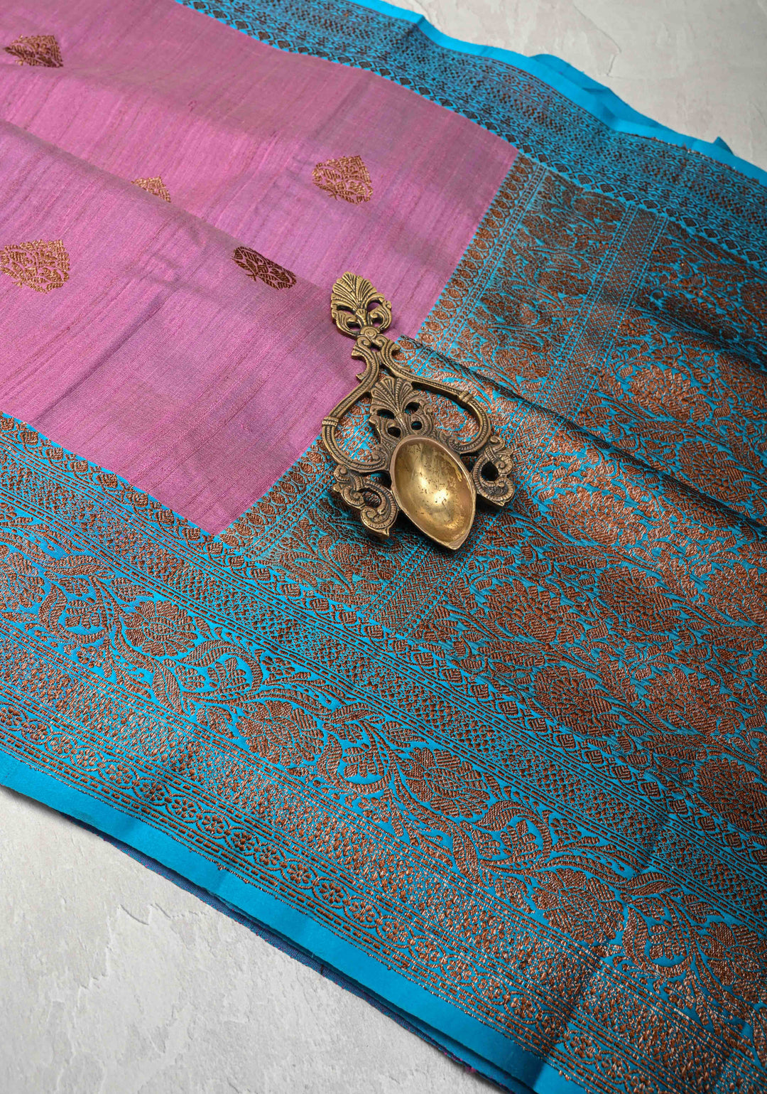 Dusty Rose Pink Banarasi Tussar Silk Saree with Antique Zari Butta and Contrast Border | SILK MARK CERTIFIED