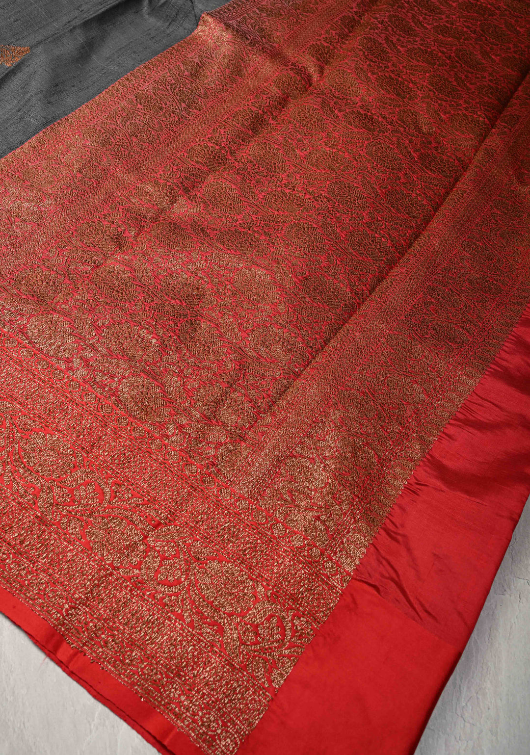 Deep Gray Banarasi Raw Silk Saree with Antique Zari Buttas and Contrast Zari Border | SILK MARK CERTIFIED