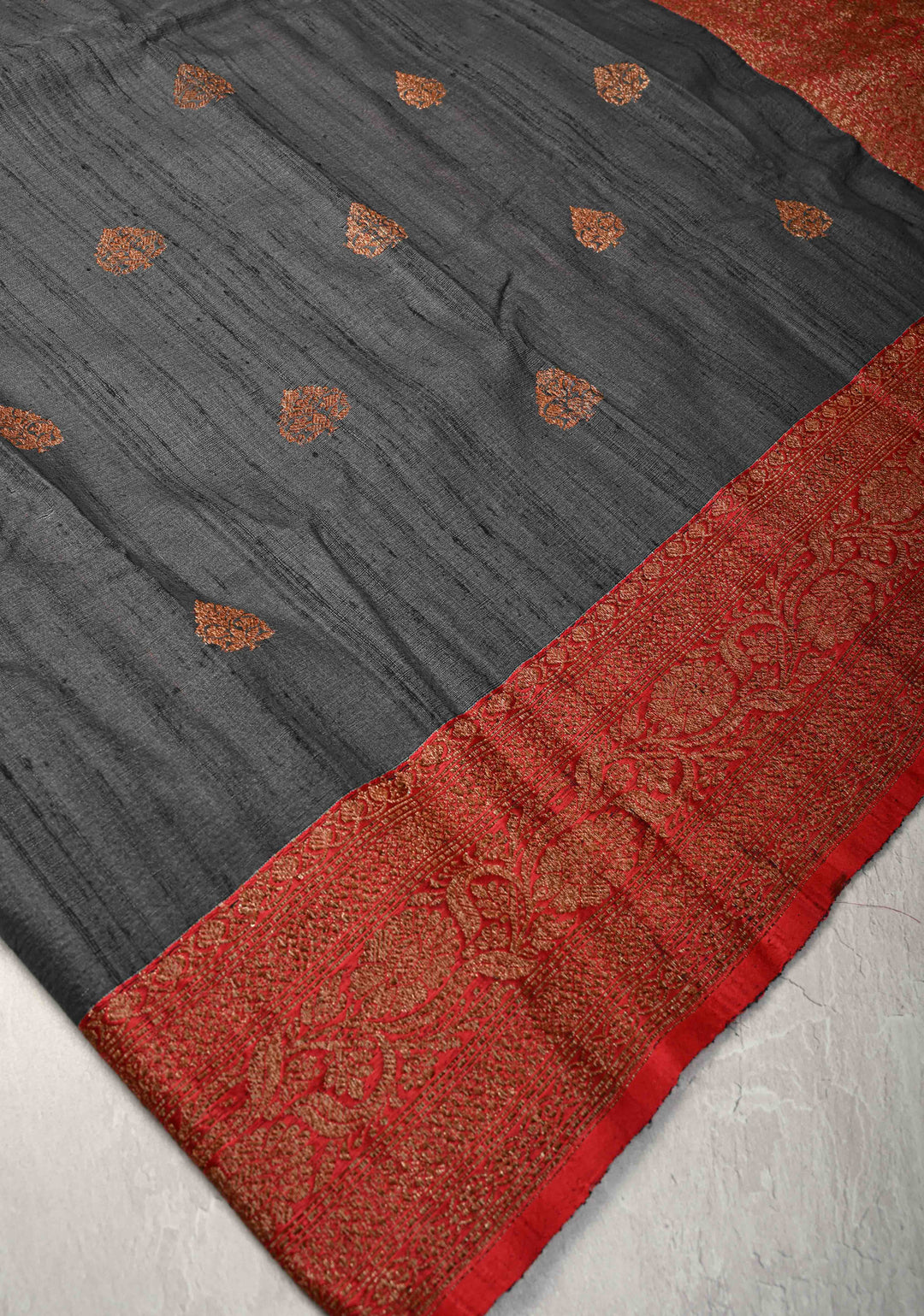 Deep Gray Banarasi Raw Silk Saree with Antique Zari Buttas and Contrast Zari Border | SILK MARK CERTIFIED