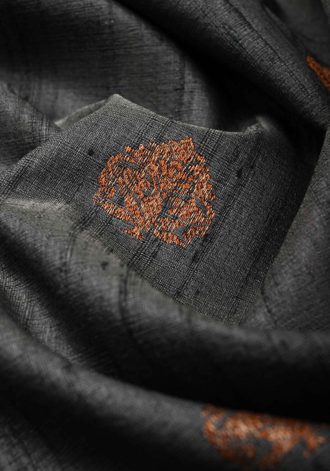 Deep Gray Banarasi Raw Silk Saree with Antique Zari Buttas and Contrast Zari Border | SILK MARK CERTIFIED
