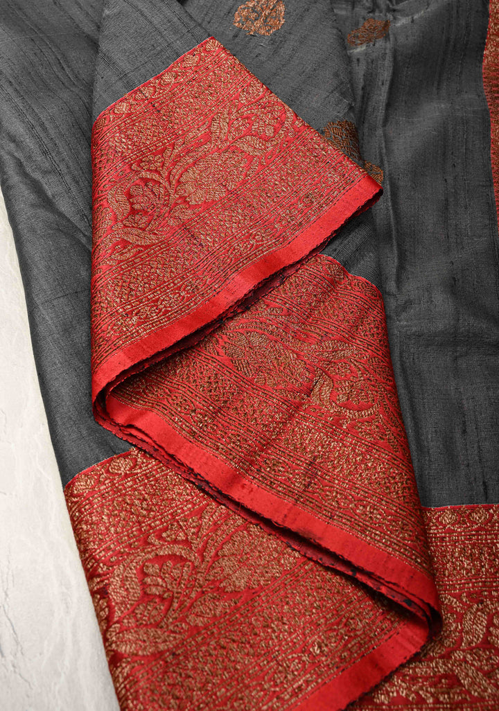 Deep Gray Banarasi Raw Silk Saree with Antique Zari Buttas and Contrast Zari Border | SILK MARK CERTIFIED
