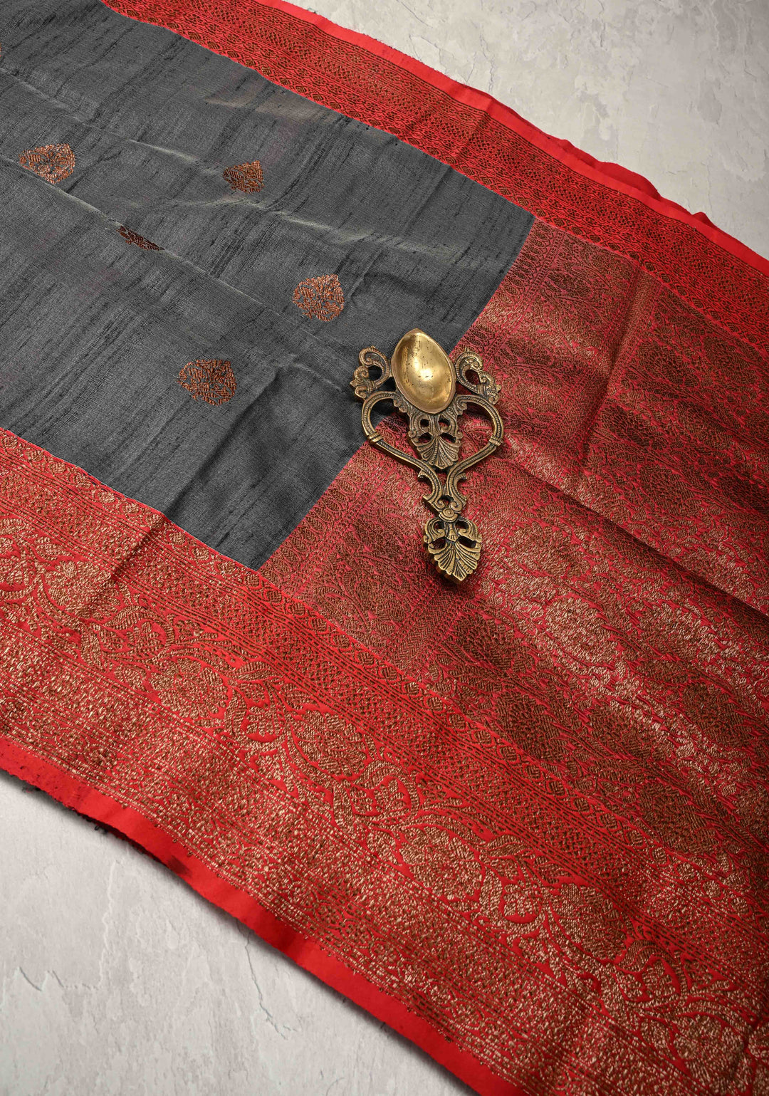 Deep Gray Banarasi Raw Silk Saree with Antique Zari Buttas and Contrast Zari Border | SILK MARK CERTIFIED