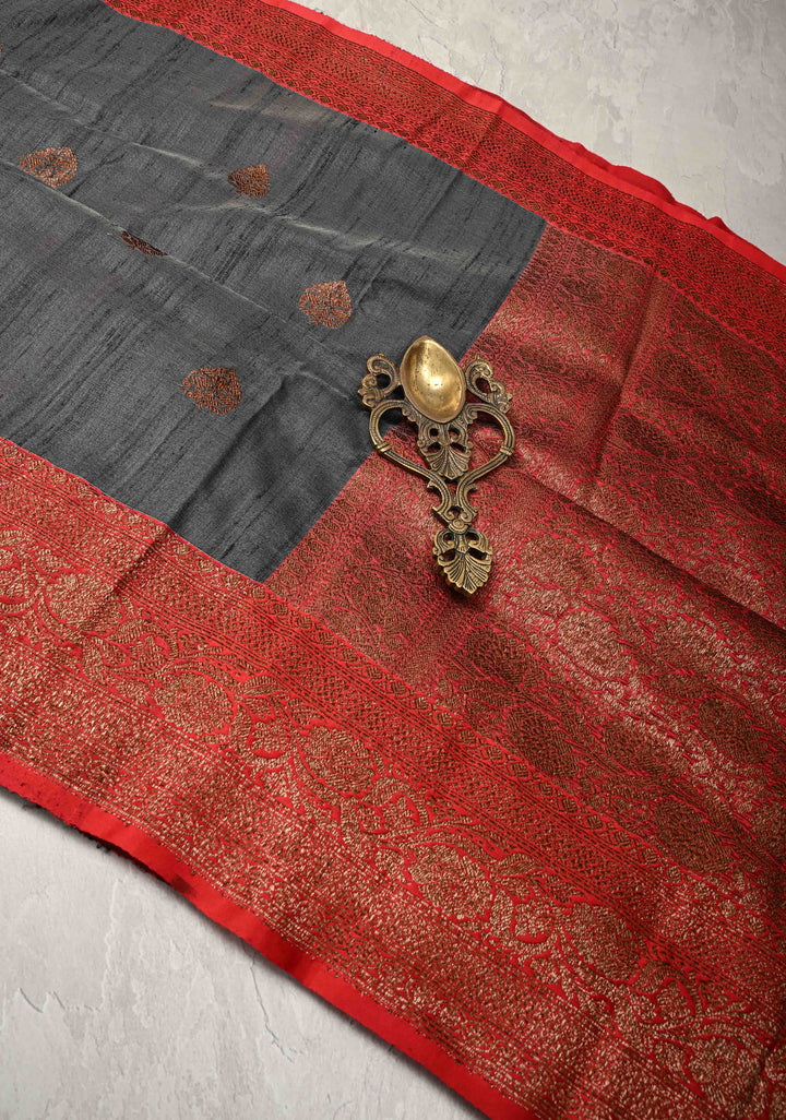 Deep Gray Banarasi Raw Silk Saree with Antique Zari Buttas and Contrast Zari Border | SILK MARK CERTIFIED