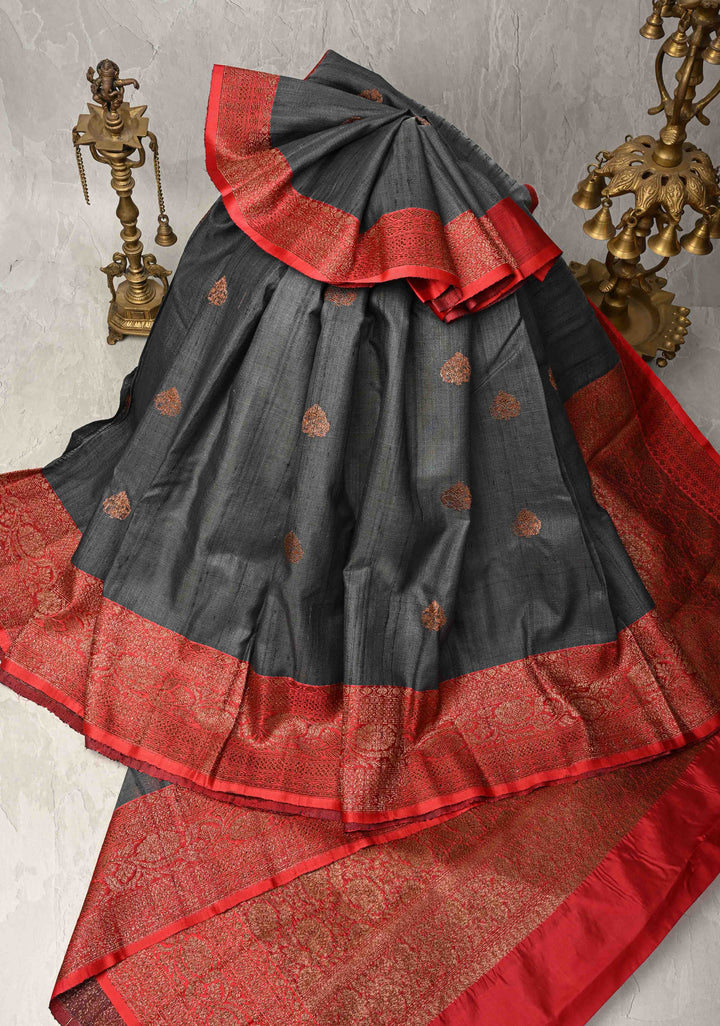 Deep Gray Banarasi Raw Silk Saree with Antique Zari Buttas and Contrast Zari Border | SILK MARK CERTIFIED