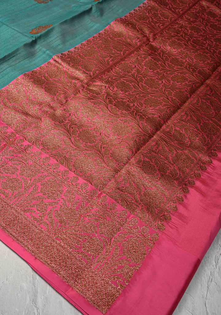 Turquoise Green Banarasi Tussar Silk Saree with Antique Zari Butta and Border | SILK MARK CERTIFIED