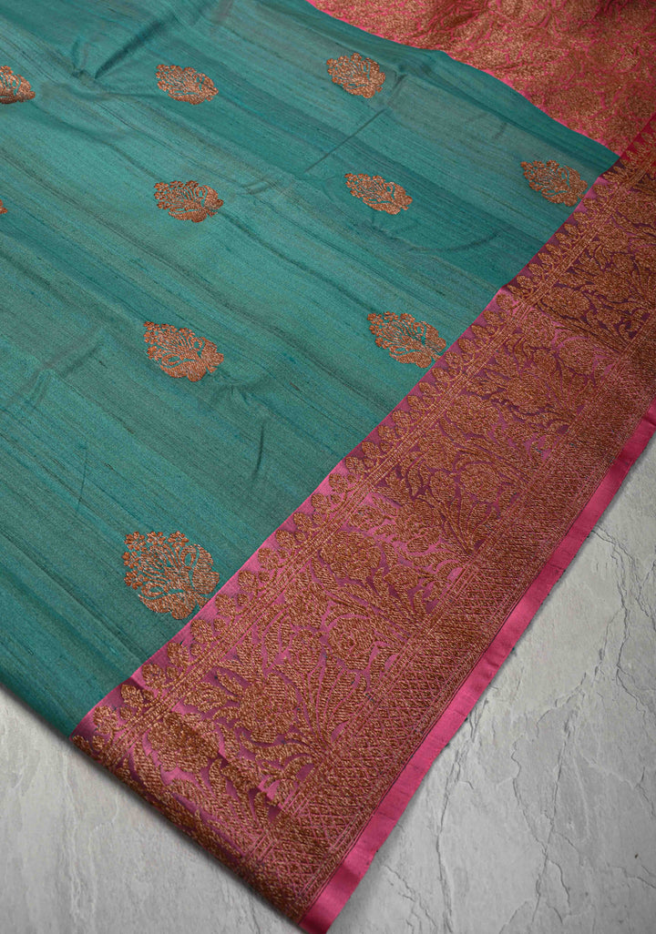 Turquoise Green Banarasi Tussar Silk Saree with Antique Zari Butta and Border | SILK MARK CERTIFIED