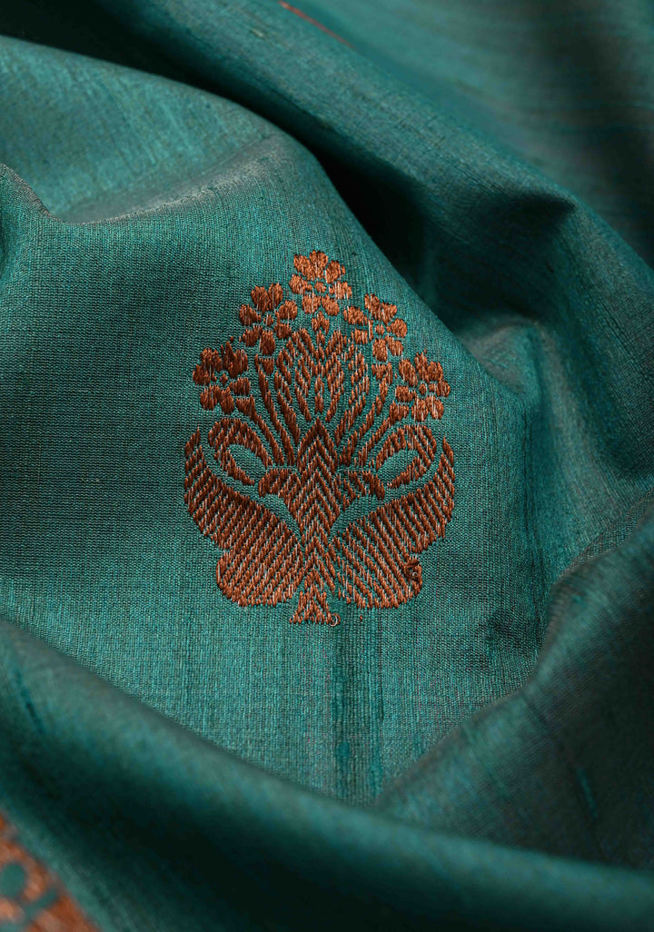 Turquoise Green Banarasi Tussar Silk Saree with Antique Zari Butta and Border | SILK MARK CERTIFIED