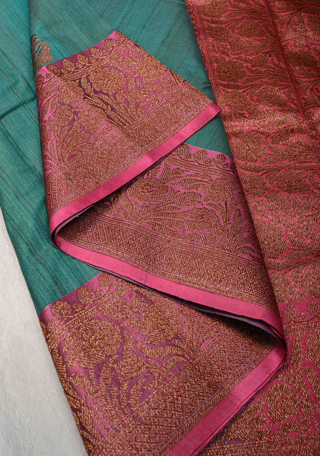 Turquoise Green Banarasi Tussar Silk Saree with Antique Zari Butta and Border | SILK MARK CERTIFIED