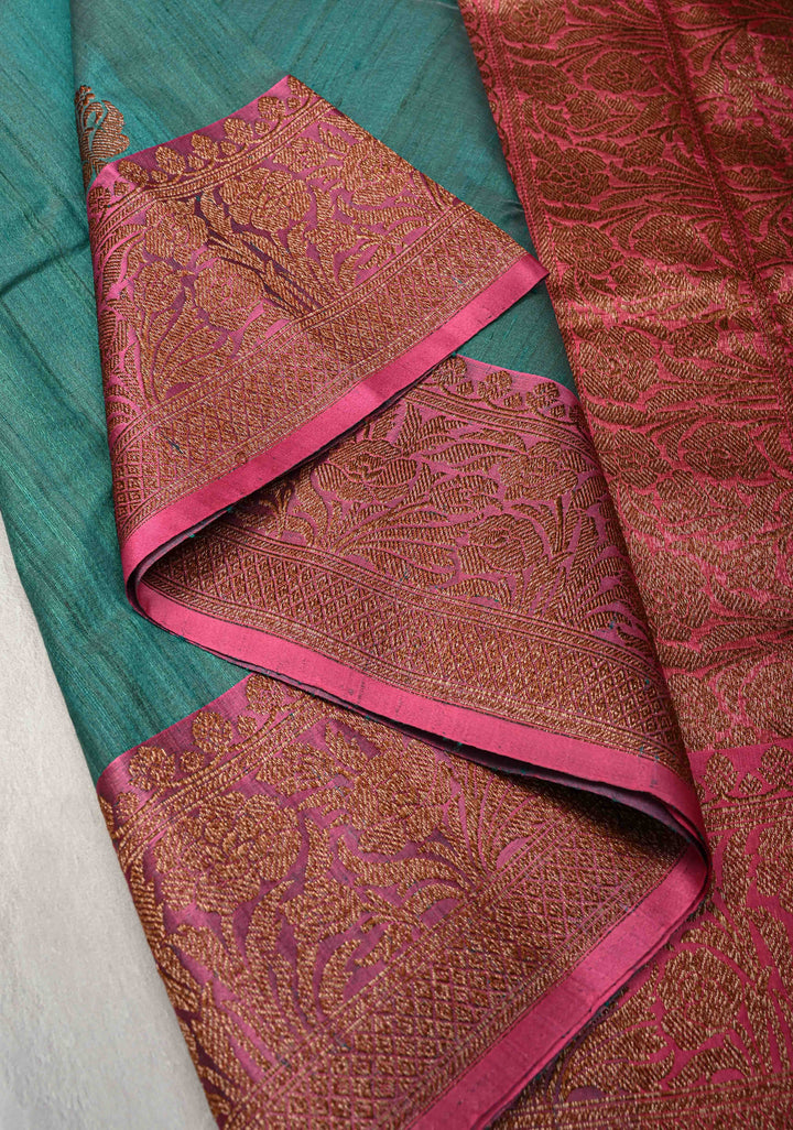 Turquoise Green Banarasi Tussar Silk Saree with Antique Zari Butta and Border | SILK MARK CERTIFIED
