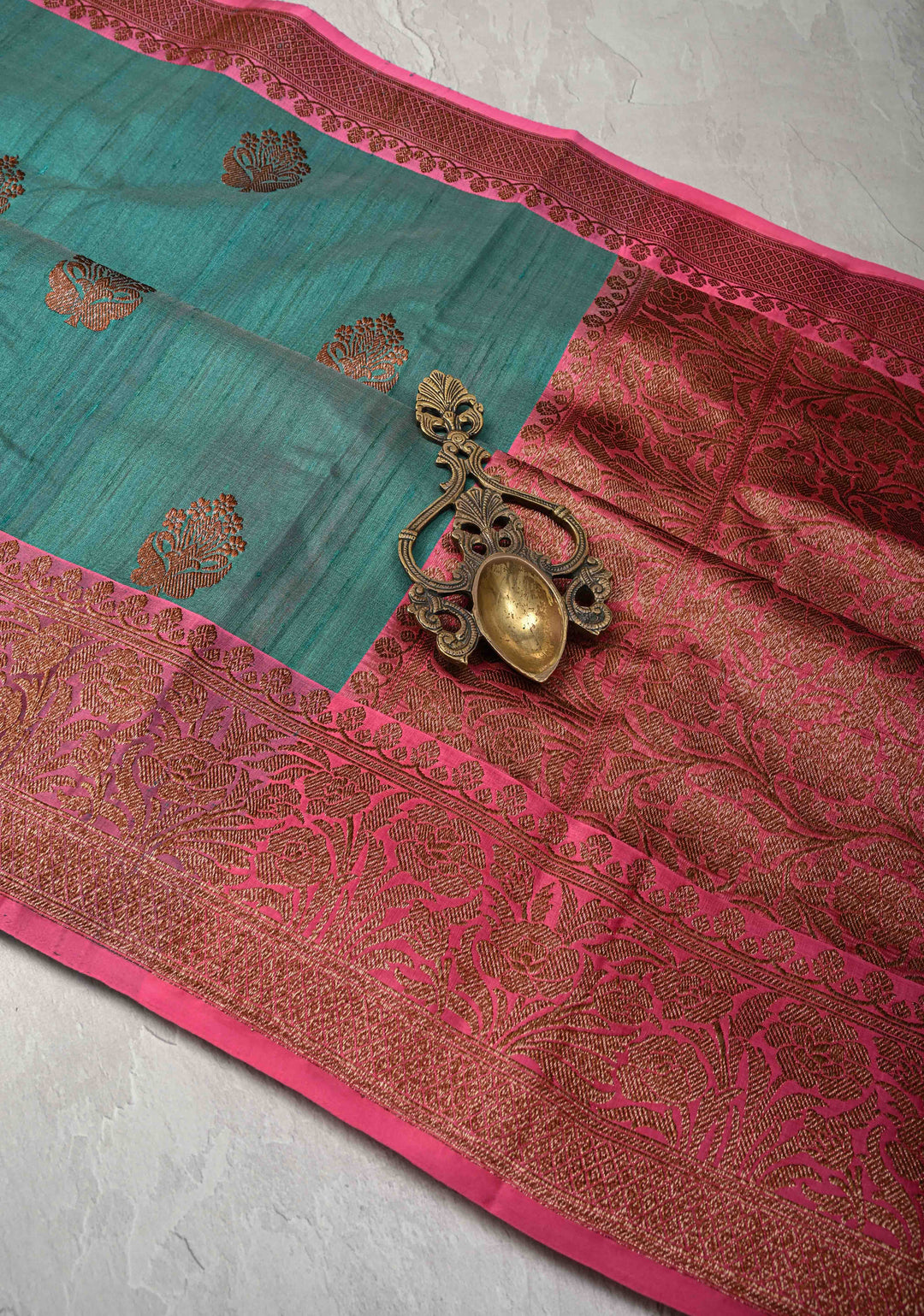 Turquoise Green Banarasi Tussar Silk Saree with Antique Zari Butta and Border | SILK MARK CERTIFIED