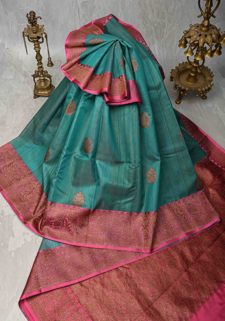Turquoise Green Banarasi Tussar Silk Saree with Antique Zari Butta and Border | SILK MARK CERTIFIED