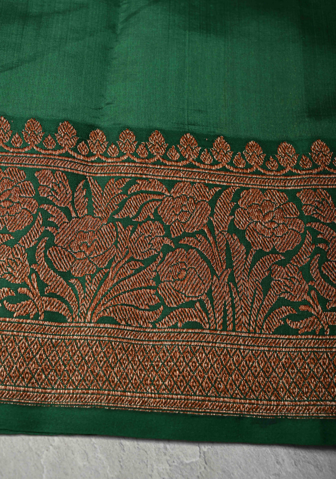 Beige Banarasi Tussar Silk Saree with Antique Zari Butta and Contrast Green Border | SILK MARK CERTIFIED