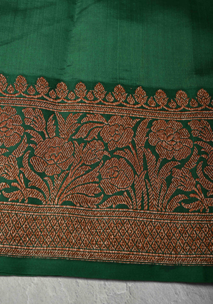Beige Banarasi Tussar Silk Saree with Antique Zari Butta and Contrast Green Border | SILK MARK CERTIFIED