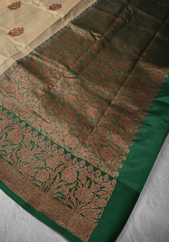Beige Banarasi Tussar Silk Saree with Antique Zari Butta and Contrast Green Border | SILK MARK CERTIFIED