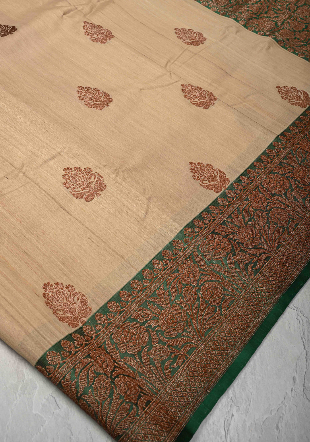 Beige Banarasi Tussar Silk Saree with Antique Zari Butta and Contrast Green Border | SILK MARK CERTIFIED