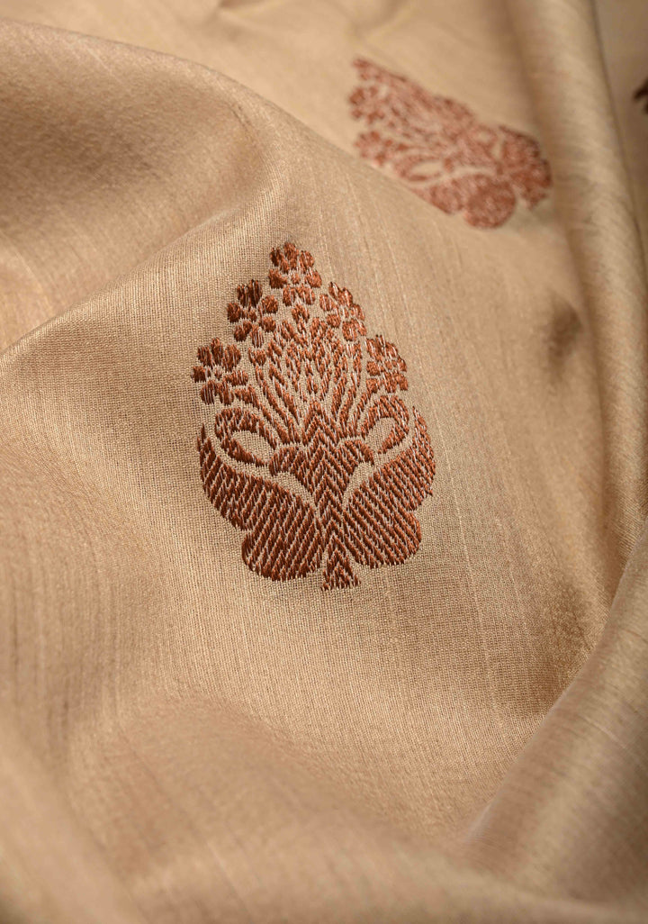 Beige Banarasi Tussar Silk Saree with Antique Zari Butta and Contrast Green Border | SILK MARK CERTIFIED