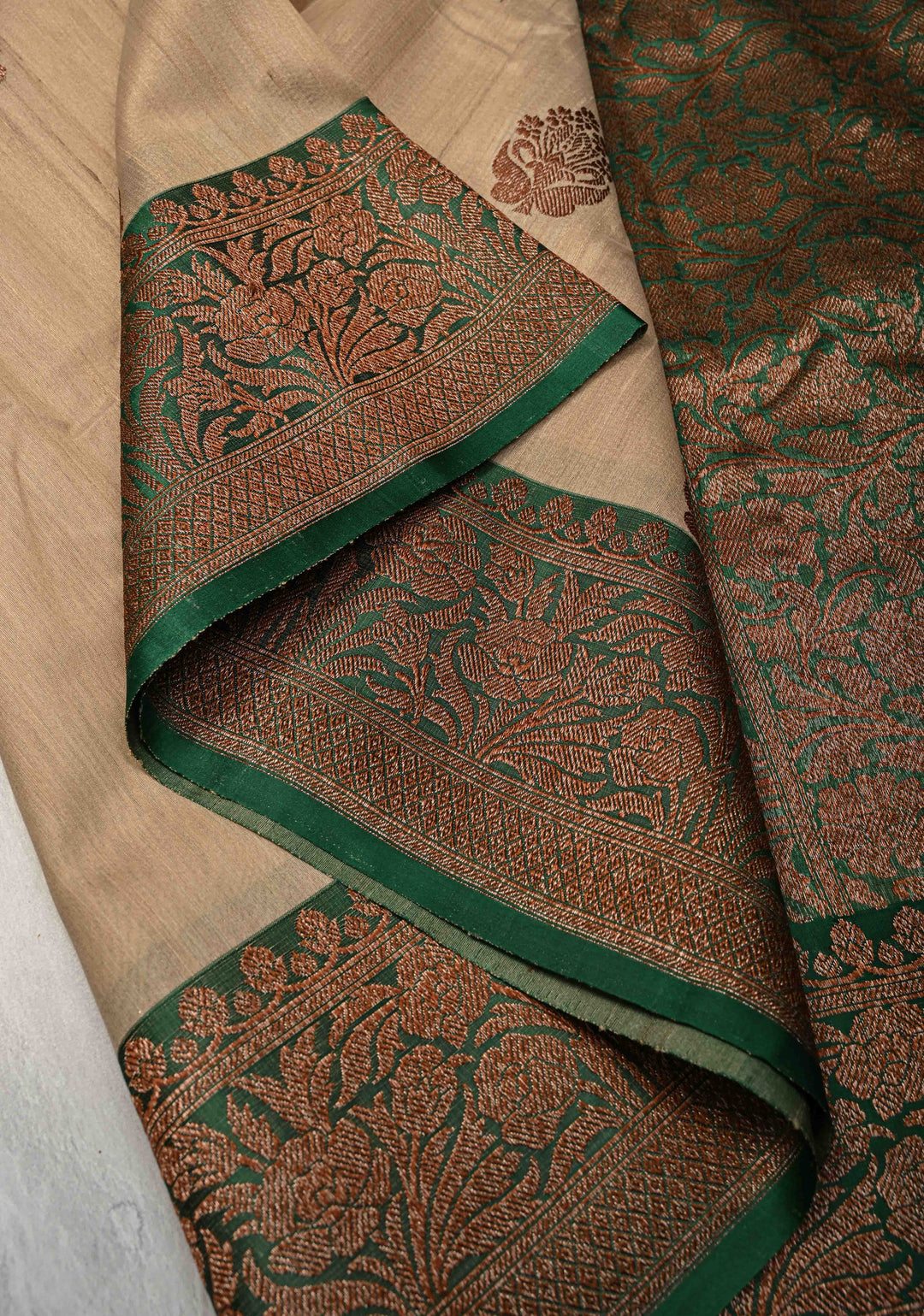 Beige Banarasi Tussar Silk Saree with Antique Zari Butta and Contrast Green Border | SILK MARK CERTIFIED
