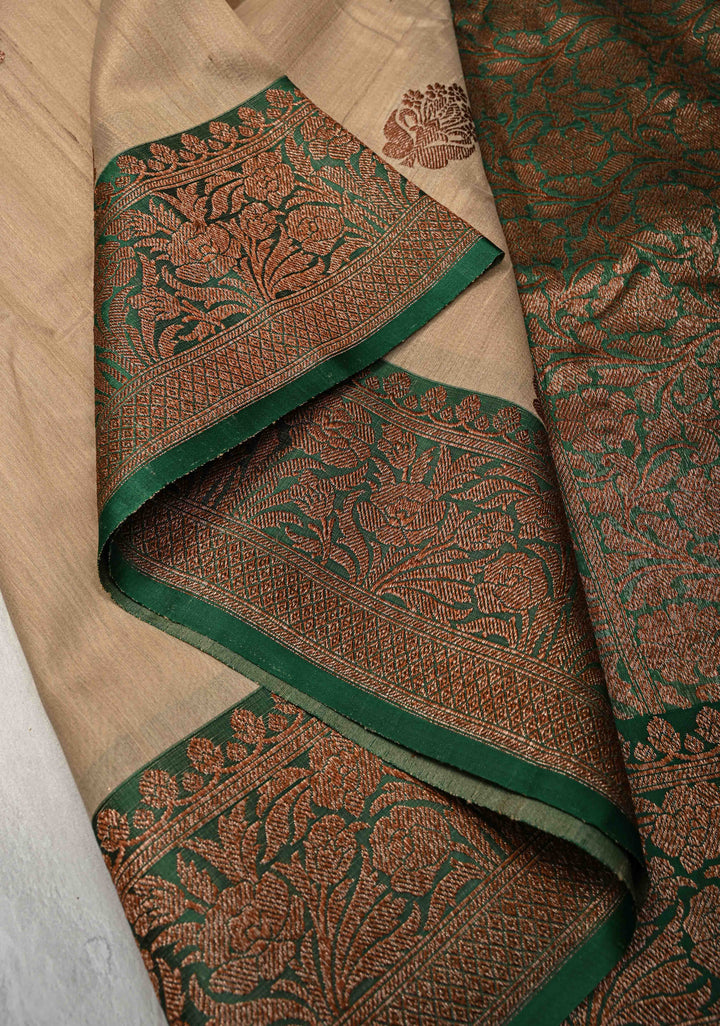 Beige Banarasi Tussar Silk Saree with Antique Zari Butta and Contrast Green Border | SILK MARK CERTIFIED
